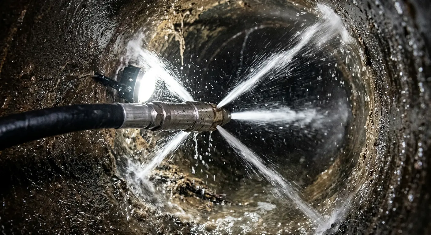 High-pressure hydro jetting nozzle cleaning sewer pipe for Trenchless Sewer Repair in Topeka