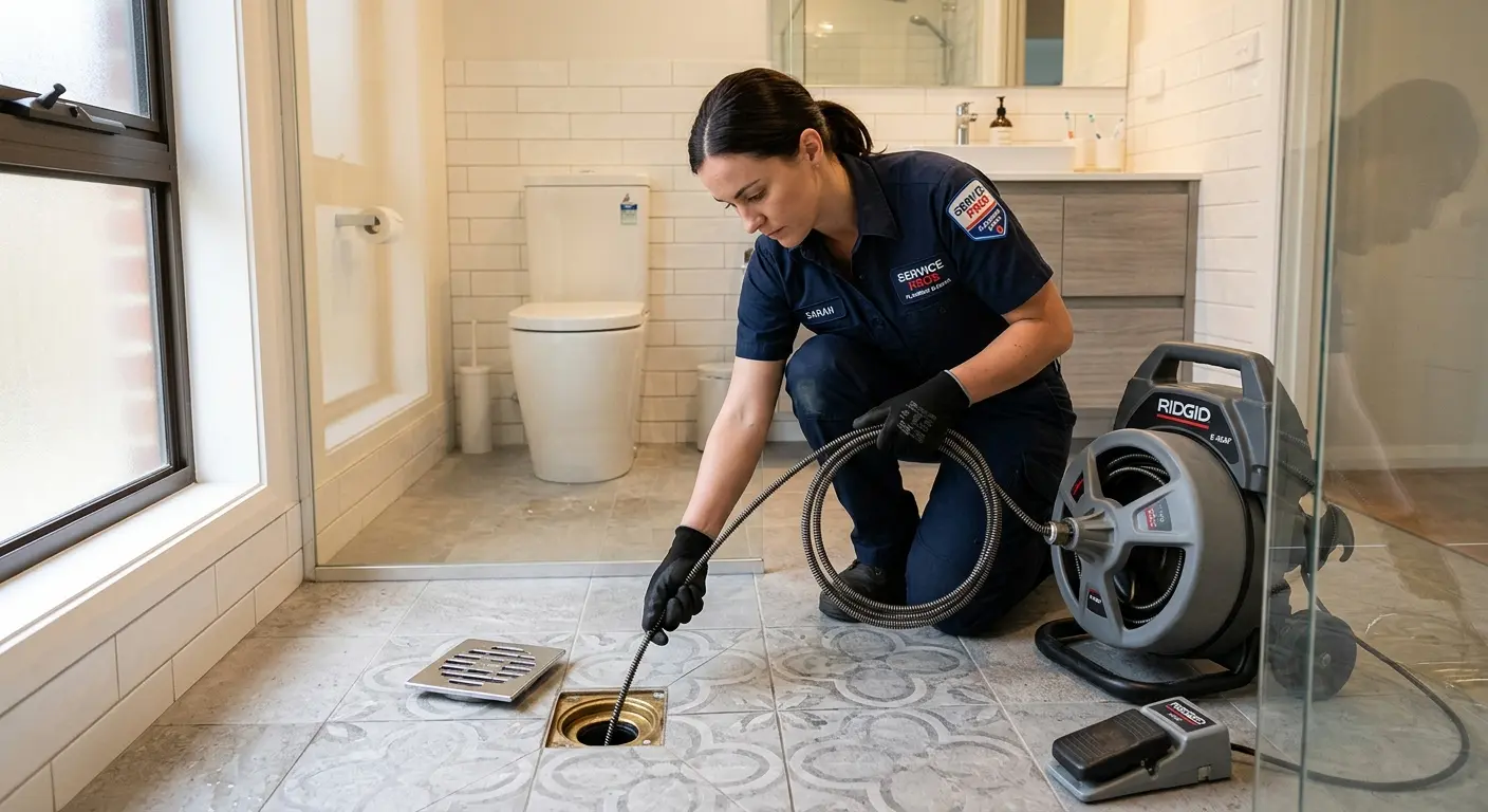 Technician clearing a bathroom floor drain for Clogged Drain Repair in Topeka